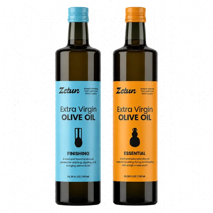 Zetun Finishing and Essential 750ml extra virgin olive oil bottles